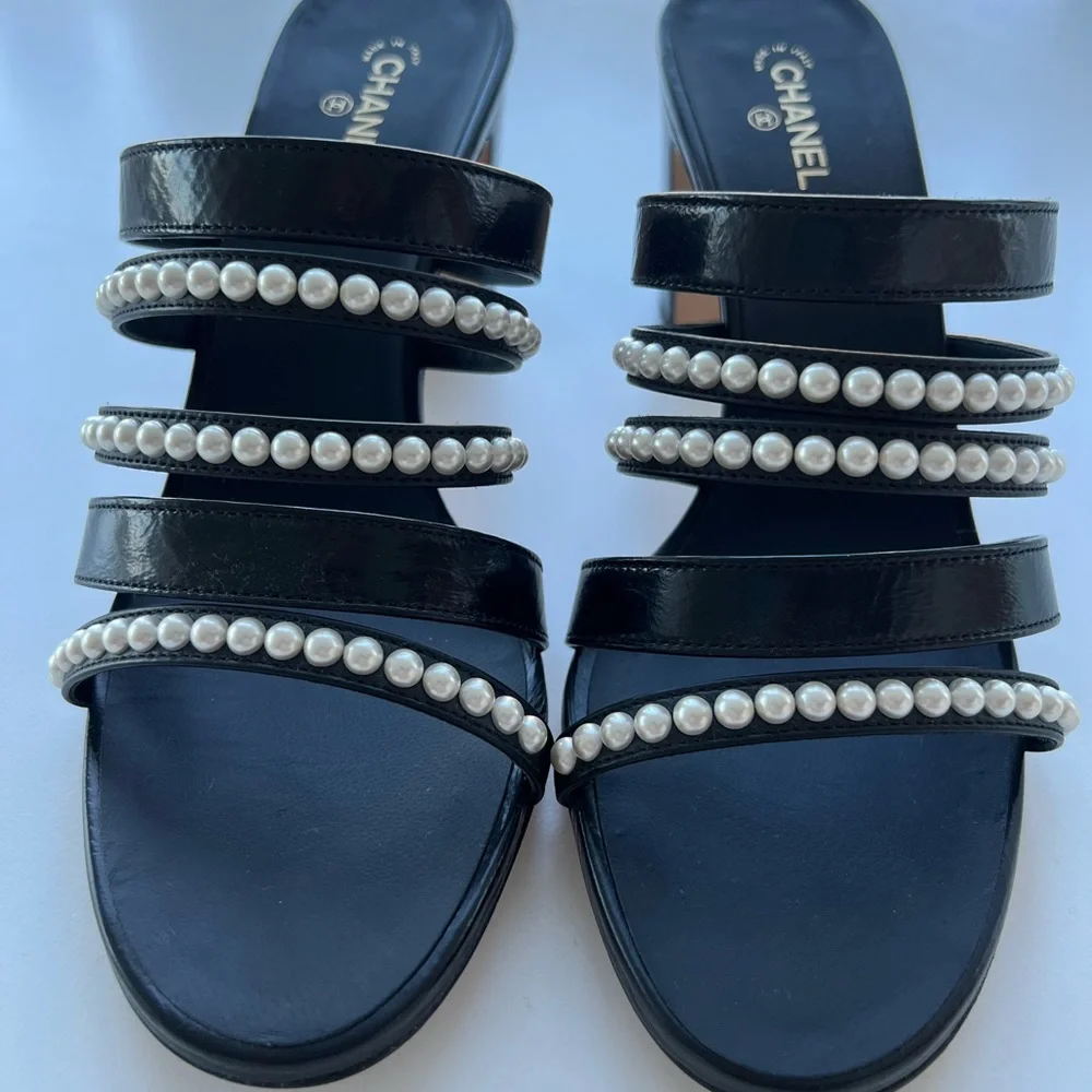 CHANEL Black Pearl-Embellished Strappy Block Heel Sandals
